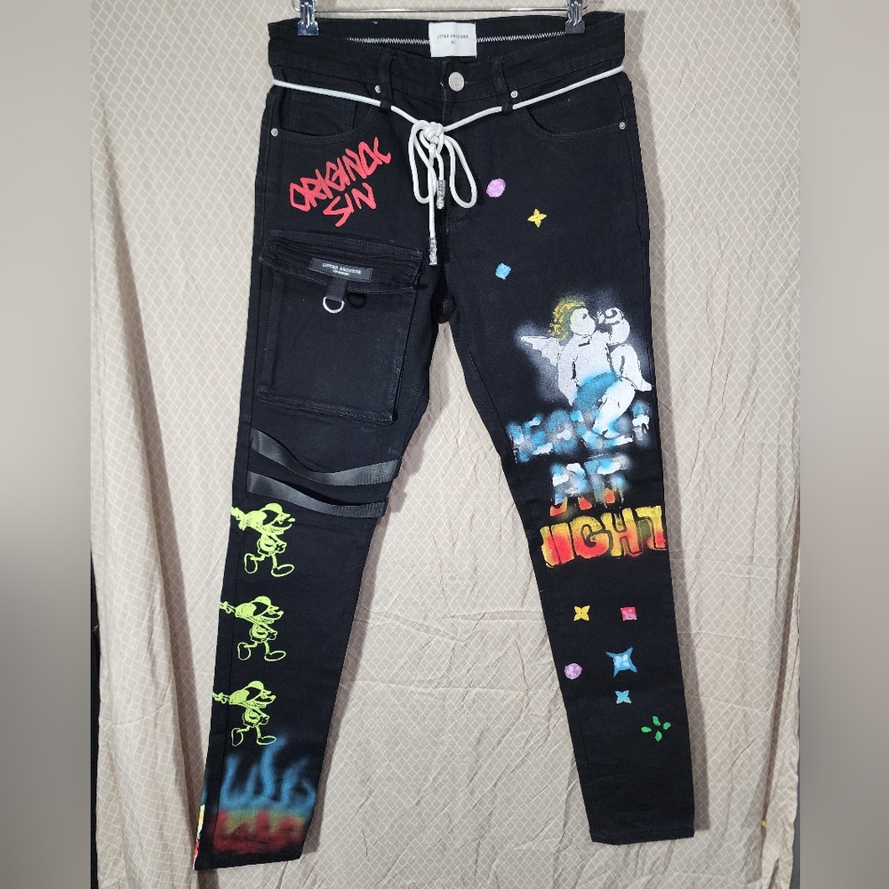 Lifted Anchor Black Original Sin Graphic Print Jeans with Drawstring Waist 32